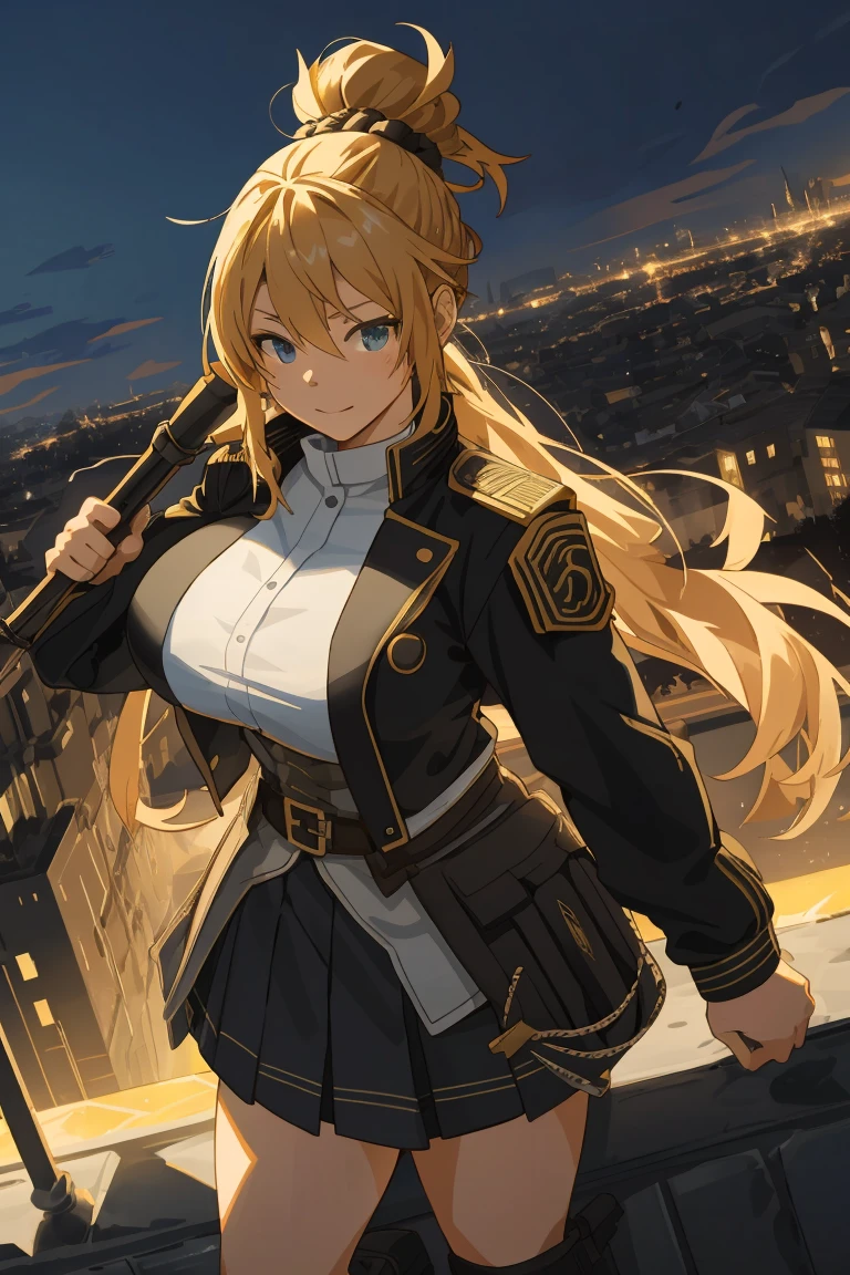 2 adult women together, black and blonde hair, long hair, hair bun, combat outfit, skirt, jacket, big breasts, thin waist, beautiful, magic wand, city square, (detailed landscape: 1.2), (dynamic_angle: 1.2 ), (dynamic_pose:1.2), (master part:1.2) ), (best quality, extremely high quality), (ultra detailed), (8k, 4k, complex), (cowboy photo: 1), (highly detailed: 1,2), (detailed face: 1), (Gradients) ,(ambient light:1.perfect_anatomy:1.2), cinematic composition,