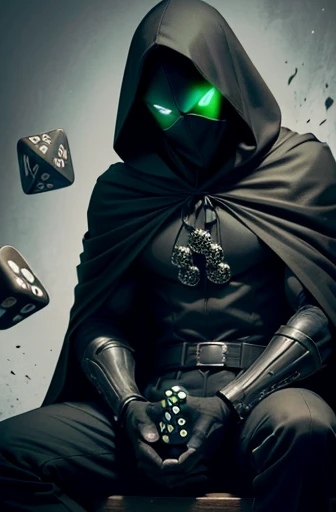 A Misterious man, wizzard black cape with black hood hood doing shadow on the face, green glowing eyes, FRW, DC Comics style, looking the viewer, Low light, ((no background)), fullbody view, ((holding two dices)), 10 face dice and 6 face dice, ((Front view)), one man , seated