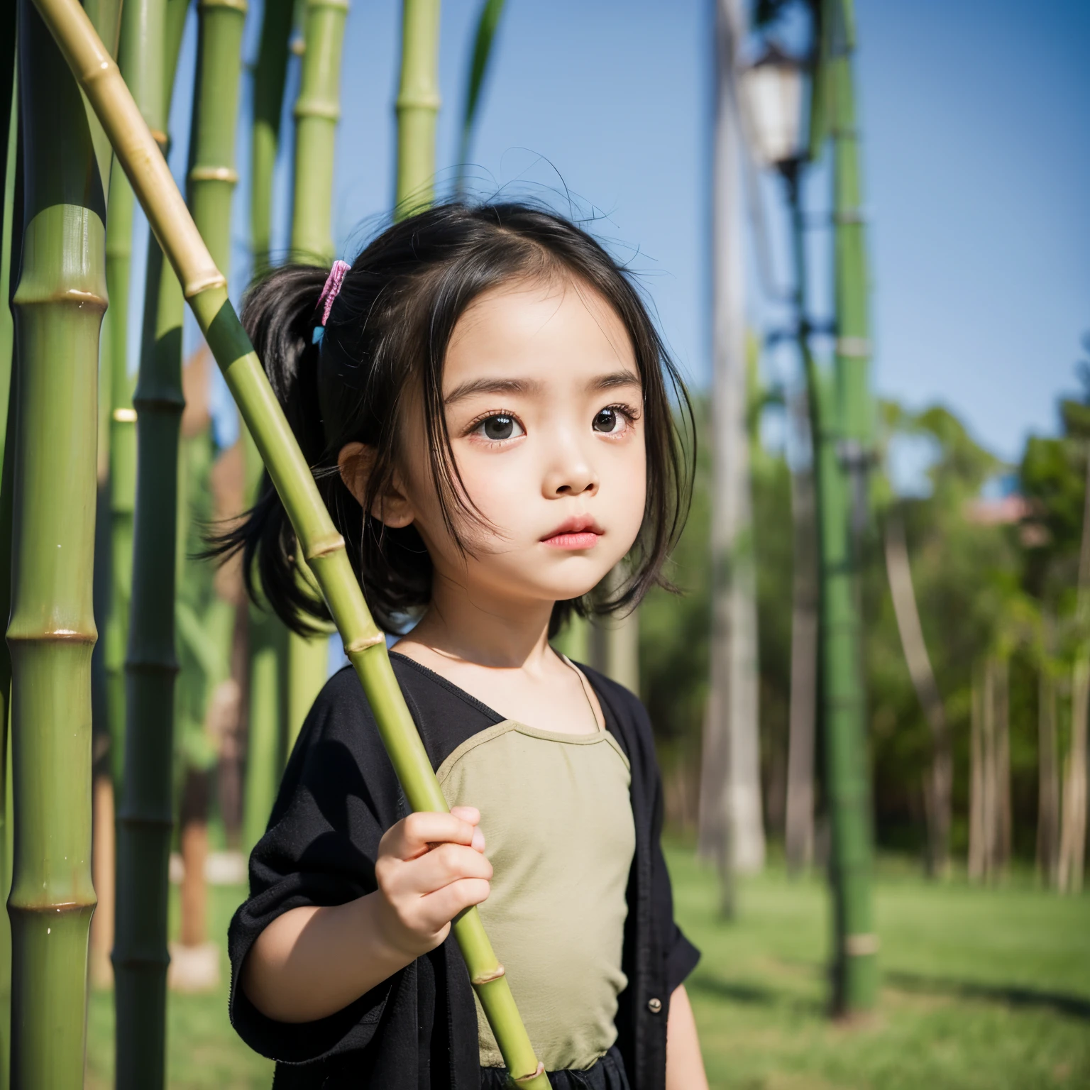 The  girl in black with two light eyebrows holds a golden pole and holds a green bamboo stick