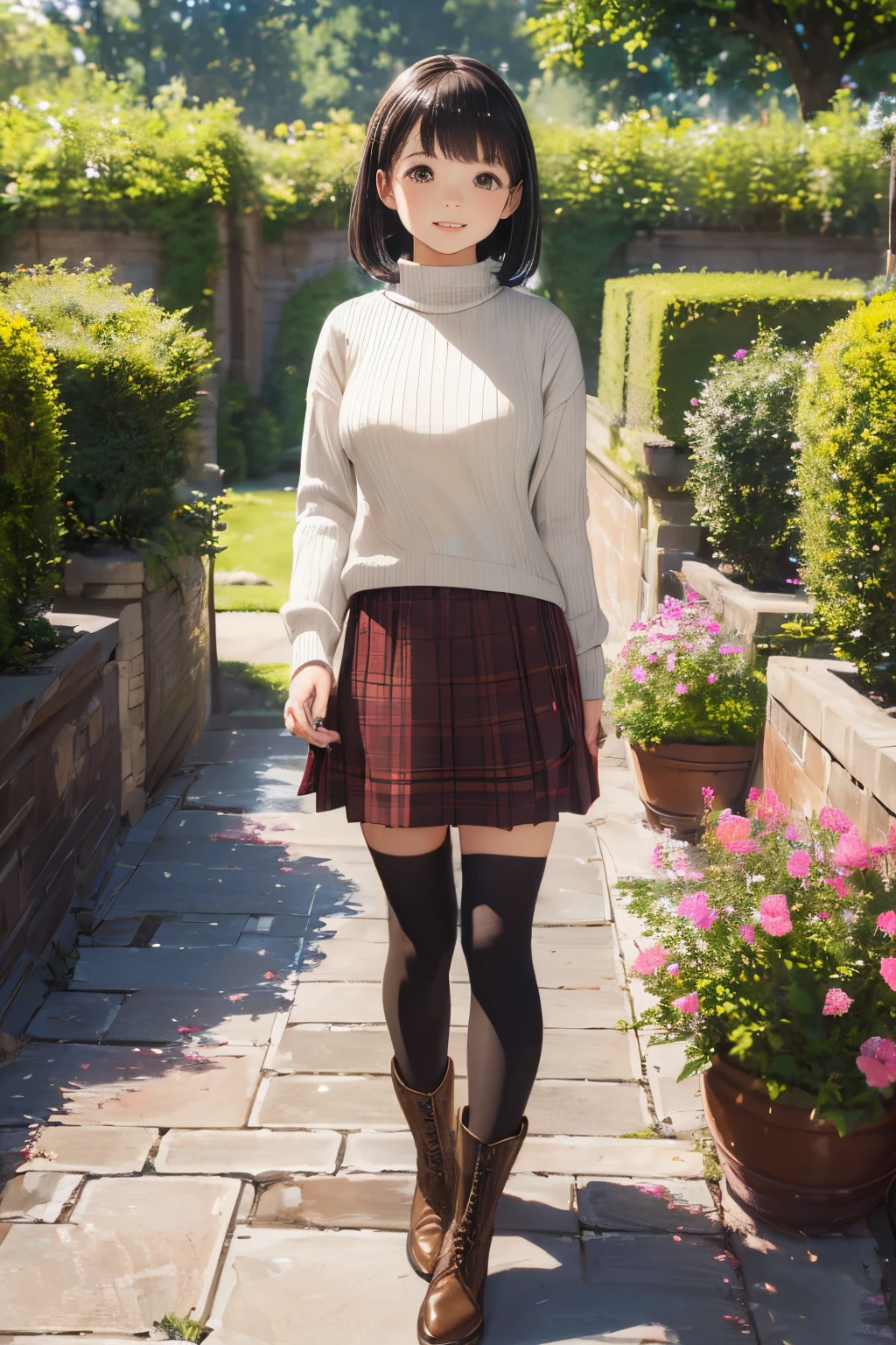 (High quality, High resolution, Ultra-detailed, Realistic:1.37), peaceful ambiance, (plein air, garden), Teenage girl standing alone, small tits, Beautiful detailed features, Cute smile, (Black bob hair), Ribbed sweater, Red plaid skirt, Black tights, Brown boots.