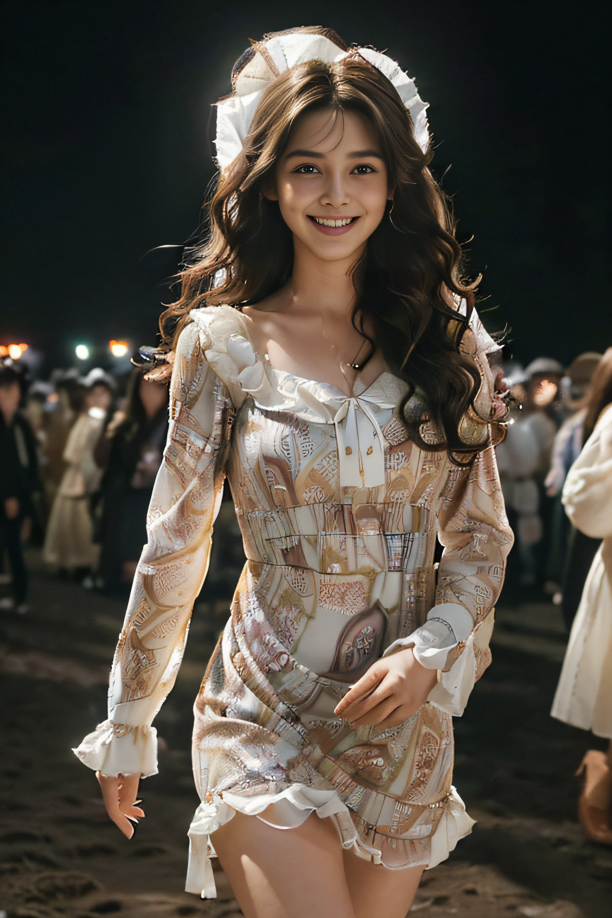 ((Very beautiful girl:1.3)) ((Colorful patterned dresses＿long-sleeve:1.4)) ((pantyshot:1.5)) ((in the crowd at night:1.3)) ((Thin_fabric:1.4)) ((Walking towards us:1.3)) ((with a flushed face:1.4)) ((Medium milk:1.2)) ((close-up:1.2)) Best Quality,masutepiece,超A high resolution,(Photorealistic:1.4),Raw photo,(Authentic skin texture:1.3),(Film grain:1.anorama,Character Portrait,Very Wide Shot,Narrow waist,Cowboy Shot,(In the Dark, deepshadow, lowkey, cold light,) Night,((long brown hair:1.2)),Streaming Tears,,Dust,Tindall Effect,(expression),1girl in,beautiful detailed eyes and face,White Jabot,Brown eyebrows:1.2)) ((shyly smile:1.3))((loose and wavy hair:1.3))