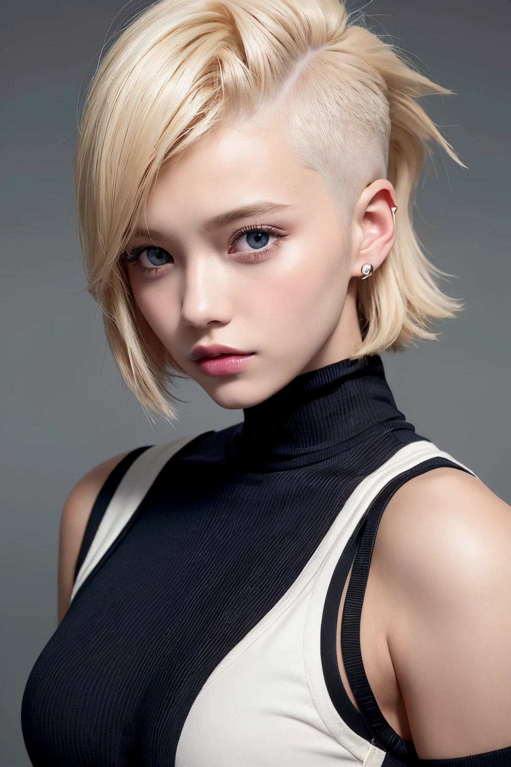 a 20 yo woman, blonde, (hi-top fade:1.3), dark theme, soothing tones, muted colors, high contrast, (natural skin texture, hyperrealism, soft light, sharp)