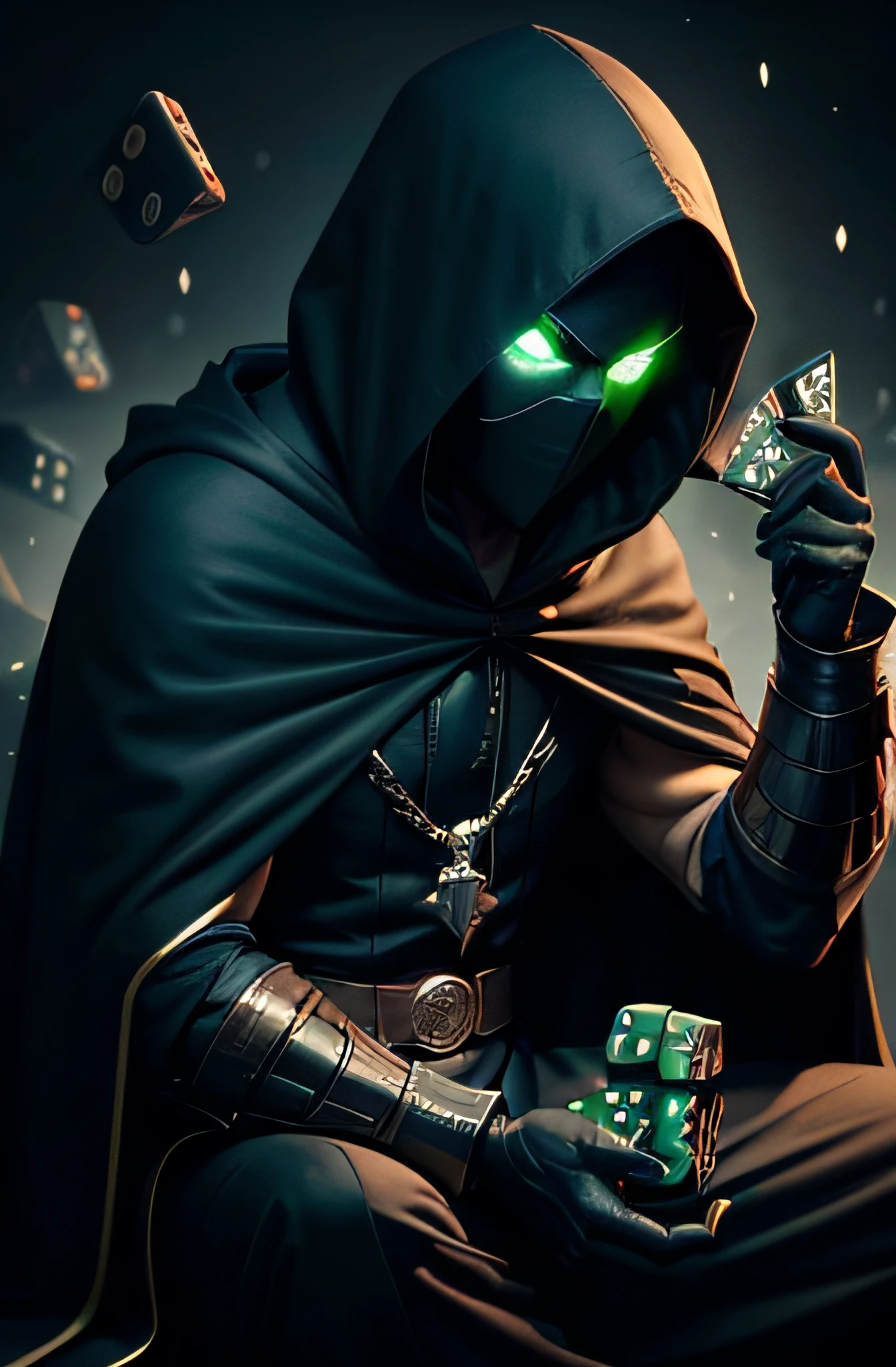 A MISTERIOUS MAN, wizzard capa preta com capuz preto fazendo sombra no rosto, olhos verdes brilhantes, FRW, Estilo DC Comics, olhando o espectador, Pouca luz, ((sem antecedentes)), whole body view, ((segurando dois dados)), 10 dados faciais e 6 dados faciais, ((Front view)), Um homem , sentado