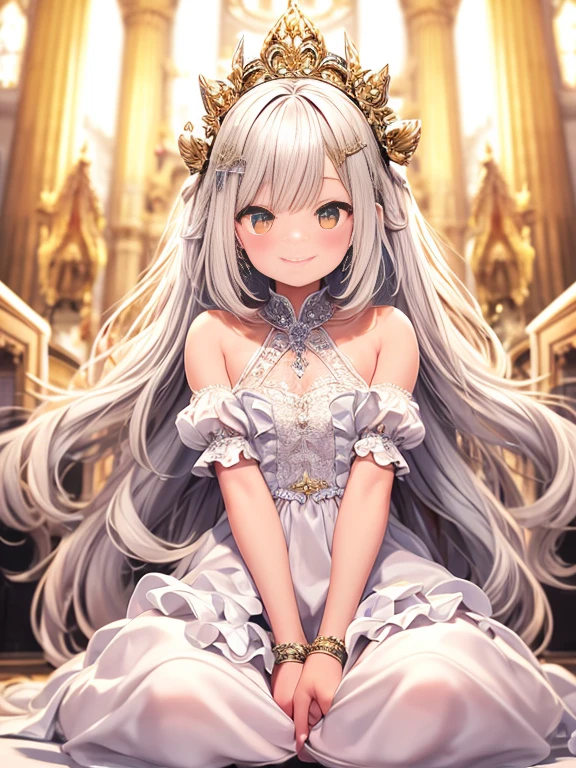 In front of the altar of a majestic church、(blurry backround)、brightened light、golden long hair girl、Classic White Wedding Dresses、(elegant luster)、(Lots of races)、lots of ribbons、((voluminous puff sleeves))、long cuffs with many buttons、golden embroidery、Long Train、white embroidered gloves、5 fingers、A smile、Redness of the cheeks