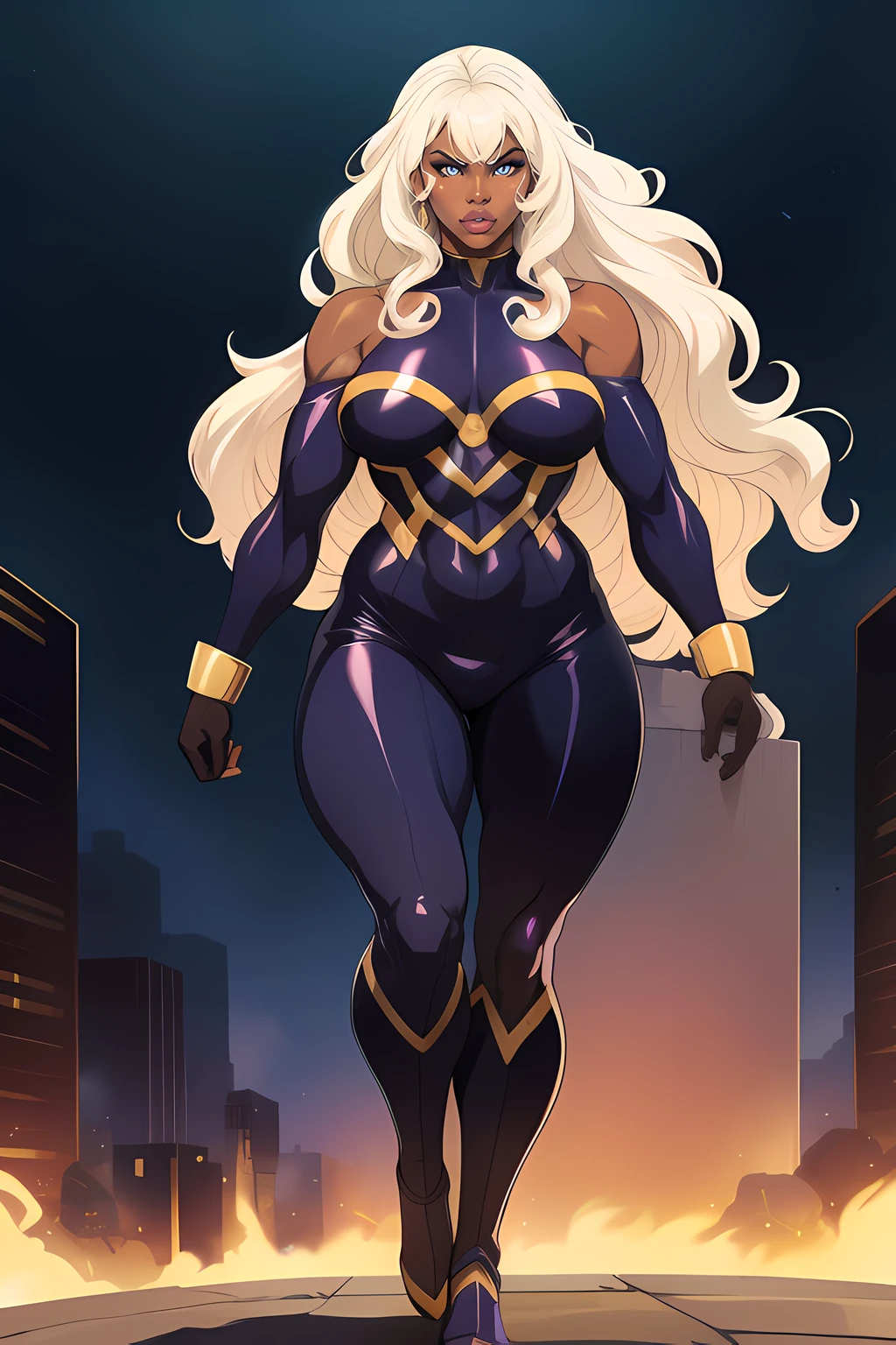 best quality, 1girl, mature woman, ((((tall)))) ((dark skin)), (small breasts), chubby, (muscular legs), long ((curly)) white hair with bangs, Ororo, exposed shoulder (floating in the air), huge lips, eyelashes, blue eyes, black purple gold, bodysuit, gloves, oily shiny skin, angry,  background, full body