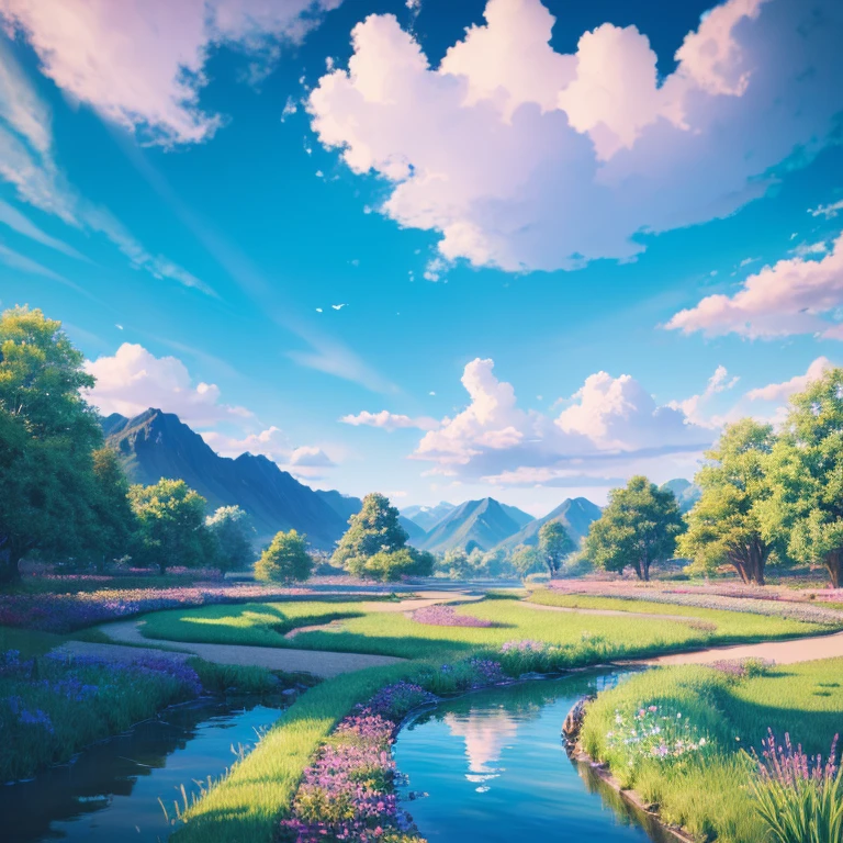 (Magical pretty sky blue stream overlay scene), (skyporn), (Clouds), Soft lighting, clean back ground, Beautiful sky scenery, masutepiece, High quality, Beautiful graphics, high detailing,Painted by Thomas Kincaid, art stations, Sharp Focus, Inspiring 8k wallpapers,