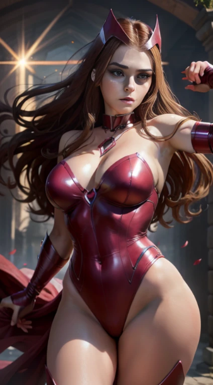 Beautiful woman, realistic skin, detailed face, cute face, Pink pantyhose, full body photo, scarlet sorceress tiara, Red swimsuit, Red boots, ((Scarlet Witch)), wind, red and pink magic, bright particles, sorceress, fantasy, photo (Masterpiece) (Best quality) (Detail) (8K) (HD) (Wallpaper) (Cinematic lighting) (Sharp focus) (Intricate), sexy, day, sunlight, fight marks,  best quality, ultra high resolution, realistic photo, full body portrait, incredibly beautiful, dynamic poses, detailed skin texture, highly detailed skin, beautiful legs, solo, large breasts, prominent figure,