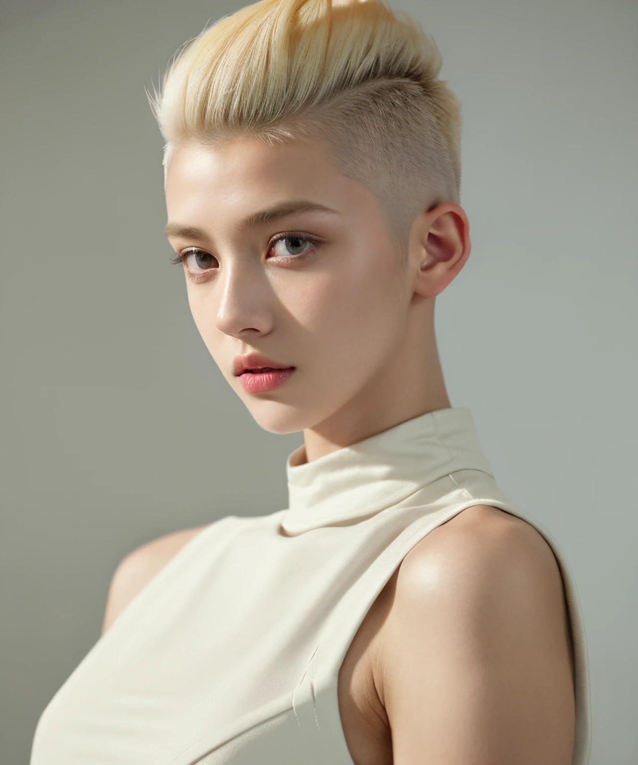 a 20 yo woman, blonde, (hi-top fade:1.3), dark theme, soothing tones, muted colors, high contrast, (natural skin texture, hyperrealism, soft light, sharp)