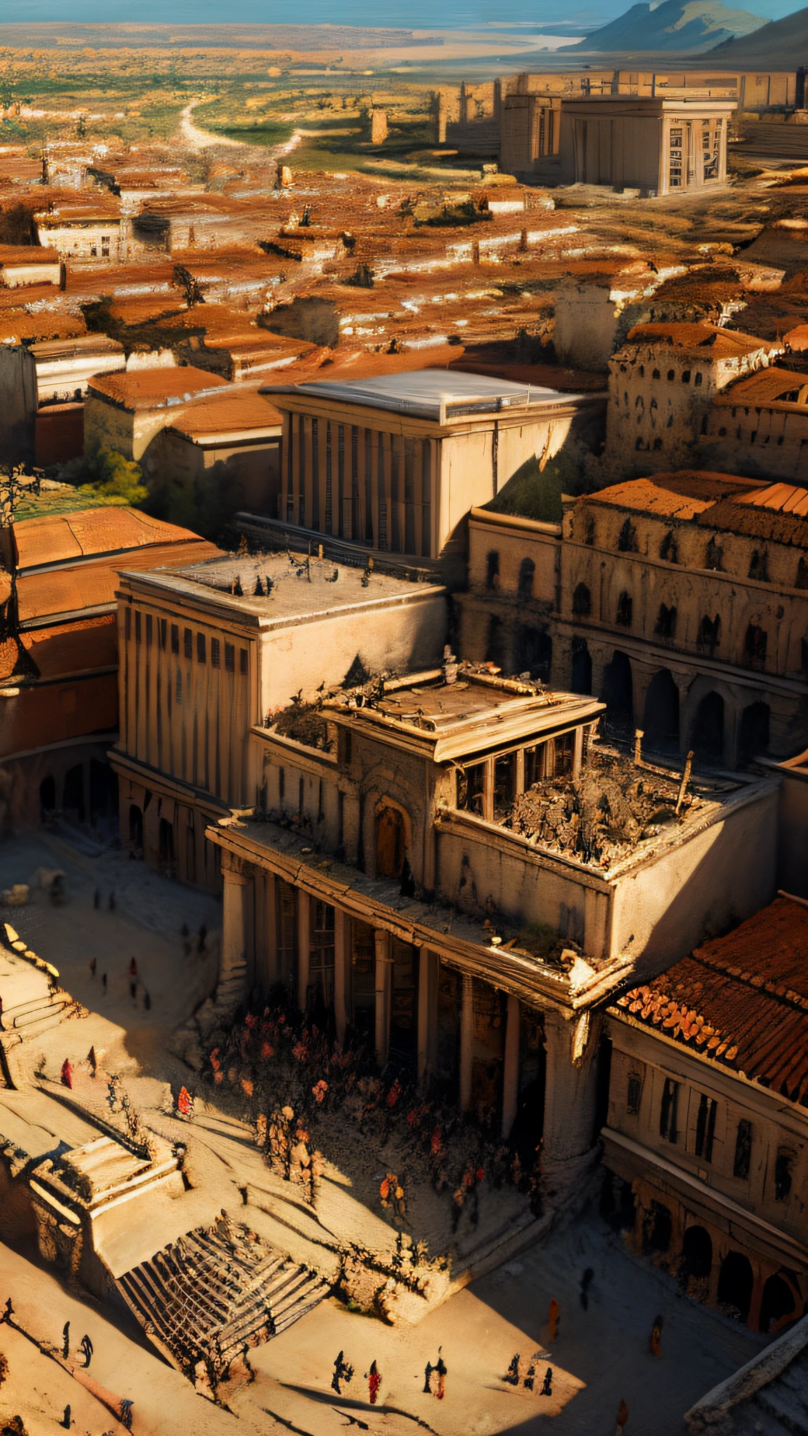 very large city, from above. splendor and grand. beautiful detailed building with people and city life being shown. in the style of acient greek