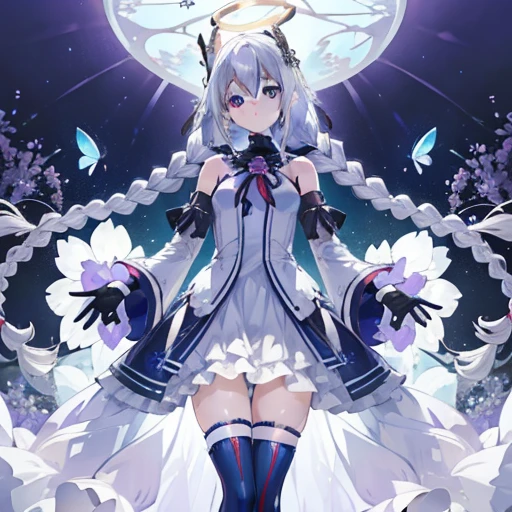 (masutepiece, Best Quality: 1.4), Detailed background, White Crystal, Crystal Cluster, Long hair, Jewelry, earrings, Necklace, diadems, bride, White hair, Halo, (looking-down), Dynamic Angle, ultra-detailliert, Illustration, close up, Look, 1girl in, (Fantasy: 1.4), (Purple eyes: 1.233), Her eyes shine like dreamy stars, (gloweyes: 1.233), (beautiful and delicate eyes: 1.1), (Silver hair: 1.14), (hair messy, Very long hair, french braids, Hair between the eyes, side hair), (+(Blue-haired flowers: 1.14)), (Chiffon dress, uniform blue floral pattern)/= (Military uniform: 1.24), (split sleeves, wide sleeveless gloves), Choker, (miko thighhighs), high heel boots compressionless, Shut up), (Standing), (Classic princess boudoir with dresser、floor-to-ceiling windows、White ancient palace), (white blossoms, Blooming), (Deep sea), (flowingwater), (Azure World Tree:1.14),(Ruins),(Night:1.2),Dreamy,souls,(fluorescent),(flying translucent blue butterflies:1.15),[Delicate fingers and hands:0.55]::0.85], (Finger Detail), (yubao:0.5)