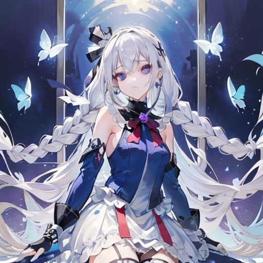 (masutepiece, Best Quality: 1.4), Detailed background, White Crystal, Crystal Cluster, Long hair, Jewelry, earrings, Necklace, diadems, bride, White hair, Halo, (looking-down), Dynamic Angle, ultra-detailliert, Illustration, close up, Look, 1girl in, (Fantasy: 1.4), (Purple eyes: 1.233), Her eyes shine like dreamy stars, (gloweyes: 1.233), (beautiful and delicate eyes: 1.1), (Silver hair: 1.14), (hair messy, Very long hair, french braids, Hair between the eyes, side hair), (+(Blue-haired flowers: 1.14)), (Chiffon dress, uniform blue floral pattern)/= (Military uniform: 1.24), (split sleeves, wide sleeveless gloves), Choker, (miko thighhighs), high heel boots compressionless, Shut up), (Standing), (Classic princess boudoir with dresser、floor-to-ceiling windows、White ancient palace), (white blossoms, Blooming), (Deep sea), (flowingwater), (Azure World Tree:1.14),(Ruins),(Night:1.2),Dreamy,souls,(fluorescent),(flying translucent blue butterflies:1.15),[Delicate fingers and hands:0.55]::0.85], (Finger Detail), (yubao:0.5)