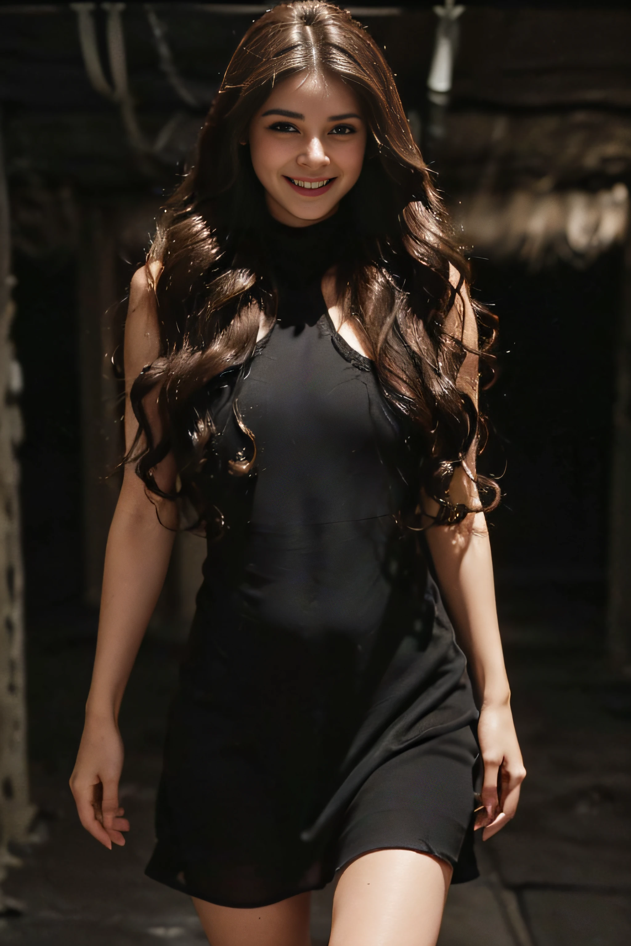 ((Very beautiful girl:1.3)) ((Black Dress_Unclear:1.4)) ((pantyshot:1.5)) ((in a basement:1.3)) ((Thin_fabric:1.4)) ((Walking towards us:1.3)) ((with a flushed face:1.4)) ((Medium milk:1.2)) ((close-up:1.2)) Best Quality,masutepiece,超A high resolution,(Photorealistic:1.4),Raw photo,(Authentic skin texture:1.3),(Film grain:1.anorama,Character Portrait,Very Wide Shot,Narrow waist,Cowboy Shot,(In the Dark, deepshadow, lowkey, cold light,) Night,((long brown hair:1.2)),Streaming Tears,,Dust,Tindall Effect,(expression),1girl in,beautiful detailed eyes and face,White Jabot,Brown eyebrows:1.2)) ((shyly smile:1.3))((loose and wavy hair:1.3))