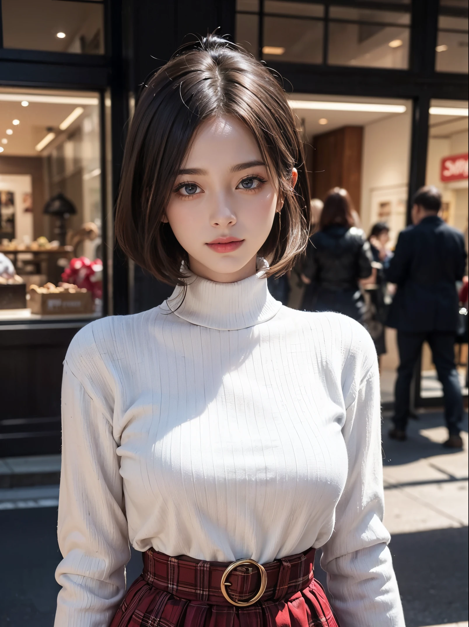 Beautiful girl standing in front of a store in a shopping mall,
(A hyper-realistic,hight resolution, ighly detailed:1.2), (8K), (beatiful detailed eyes, A detailed face:1.2), (top-quality), (ultra-detailliert), (( masutepiece)),Best Quality,Very detailed,
Beautiful woman standing wearing a dark red plaid single-breasted blazer ,BREAK, White Turtleneck Sweater Dress,BREAK,
Blue Belted High Waist Flare Jumper Skirt,BREAK,
Black Medium Bob, Beautiful meticulous eyes, Cute face, Bust, Big Bossom, Beautiful meticulous face, Seductive smile,
25 years old, mature appearance, Realistic drawing art ,
1womanl, (upper half of body shot Esbian:1.2),((Head to bust image scope)),
