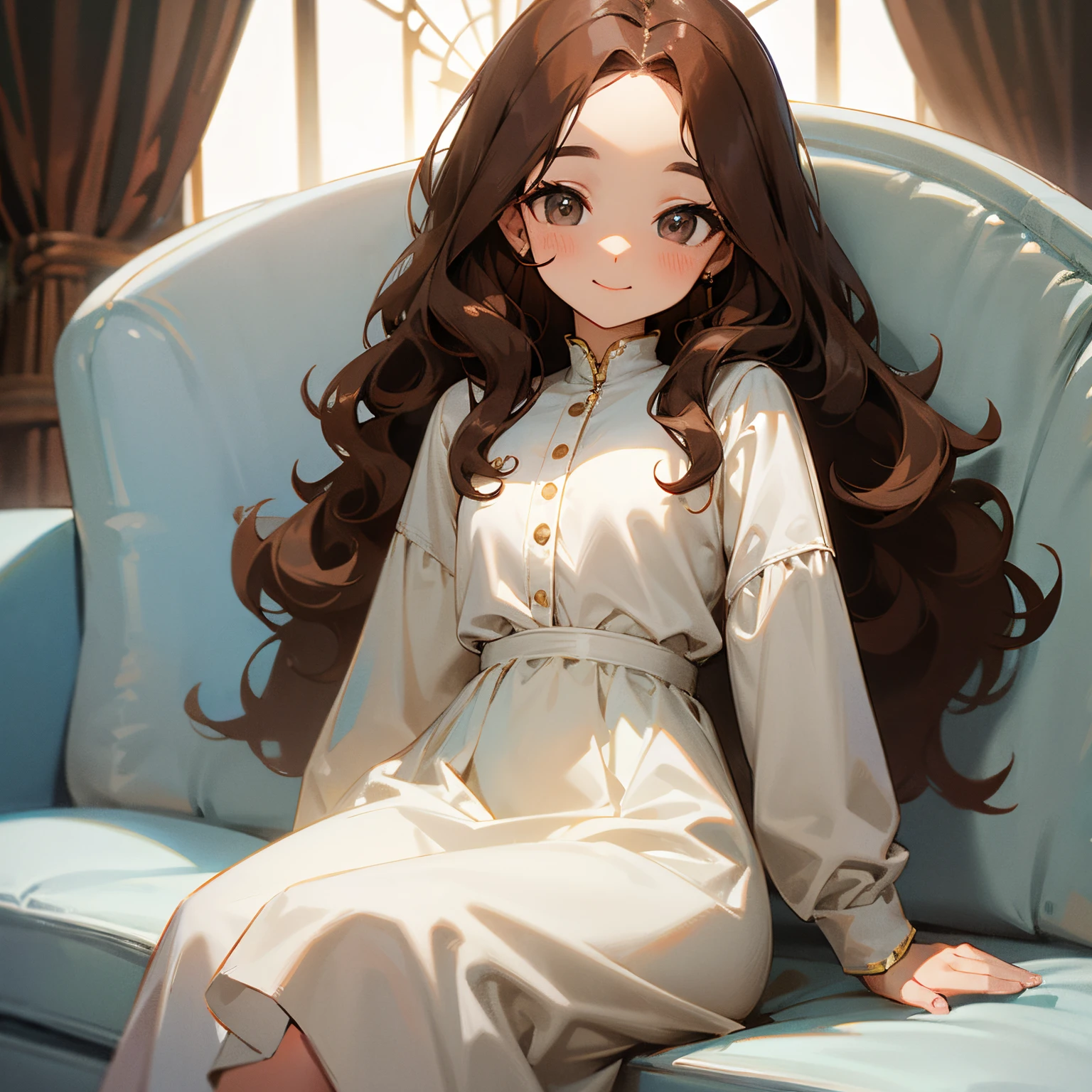brown wavy hair woman、forehead、Wearing a white dress、sitting on、A slight smil