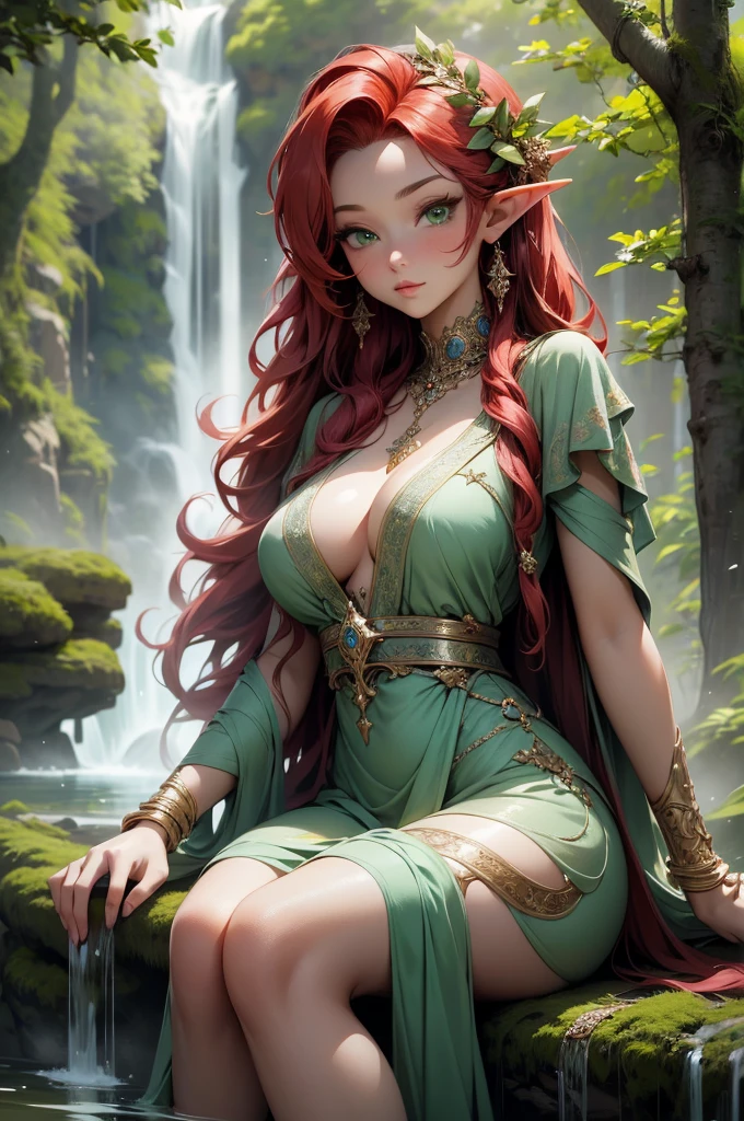 (Masterpiece - Ultra-Detailed, High Resolution) Prepare to be enchanted by a true masterpiece that combines ultra-detailed art with high-resolution rendering. This work shows a mesmerizing and sexy young elf with very large breasts and red hair. Green eyes, transparent white dress, with a snake wrapped around her neck, bathing in a waterfall, sitting in the water, looking back, with forest and waterfall as an illustration. Get ready to dive into a world where beauty and craftsmanship merge perfectly.