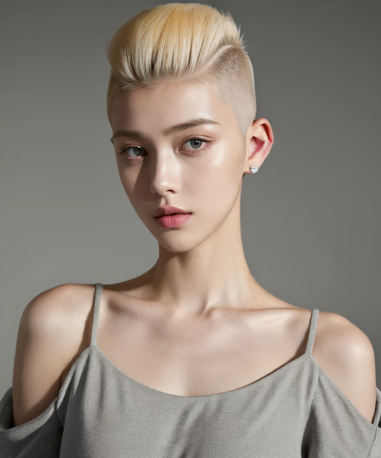 a 20 yo woman, blonde, (hi-top fade:1.3), dark theme, soothing tones, muted colors, high contrast, (natural skin texture, hyperrealism, soft light, sharp)