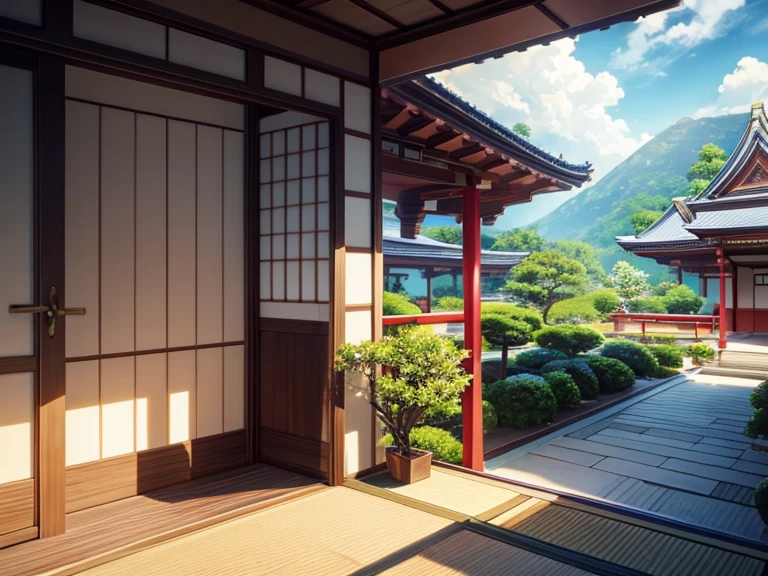 masterpiece, best quality, photorealistic, sky garden front door outdoor balcony, temple, dojo, japan, thai style, mild contrast, anime wide angle no distortion, greenery, prespective angle from 2.4 meters hight