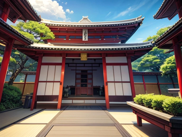 masterpiece, best quality, photorealistic, sky garden front door outdoor balcony, temple, dojo, japan, thai style, mild contrast, anime wide angle no distortion, greenery, prespective angle from 2.4 meters hight