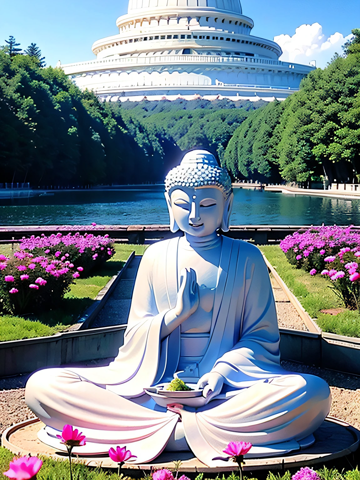 shot from far away，On a meadow，flowers blooming，The sky is blue，The background is blue sky，​​clouds，There is the sun in the sky，There is a huge white Buddha statue on the lotus seat，The Buddha statue clasped his hands together，rays of sunshine，フォトリアリスティック