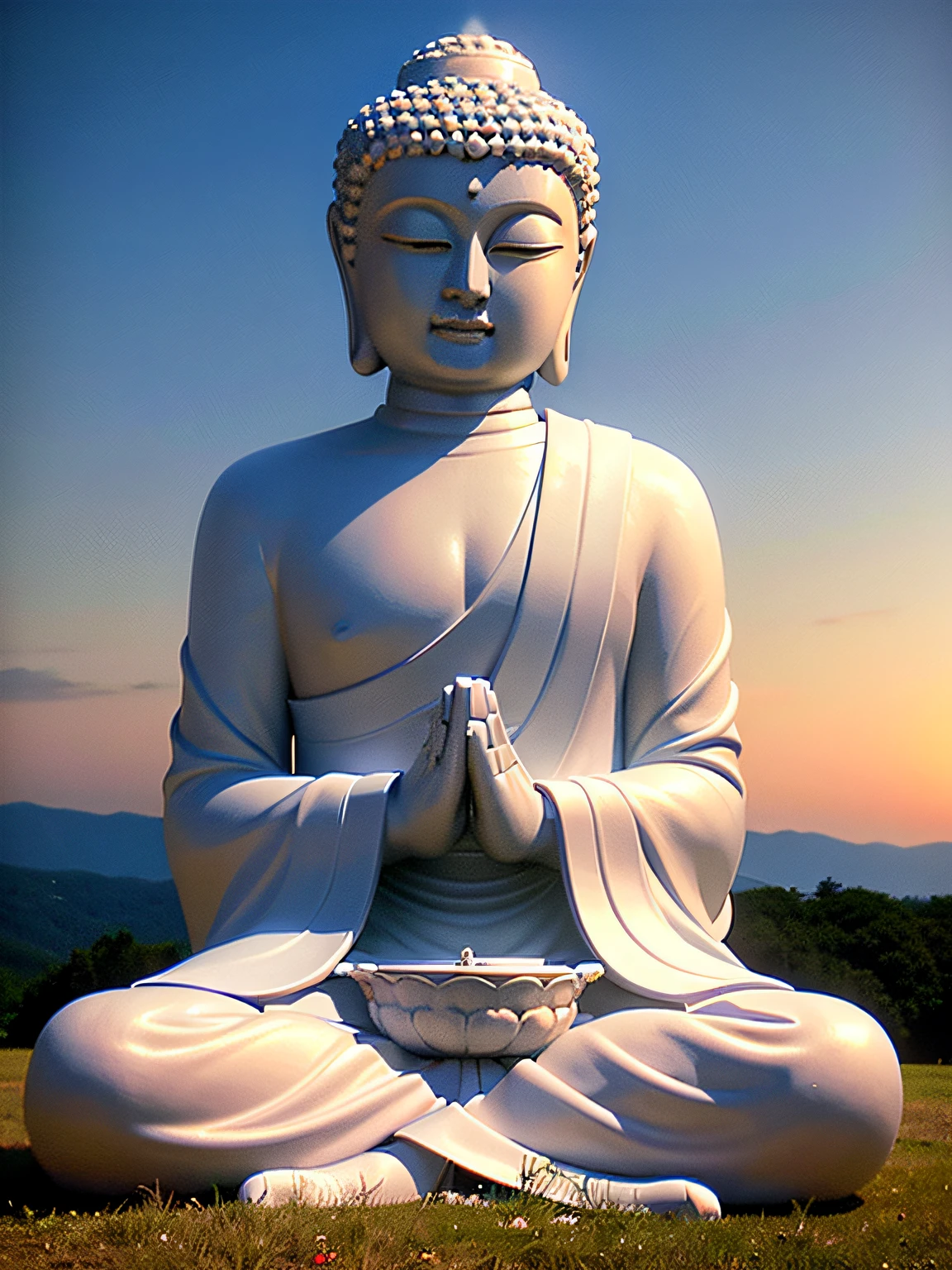 shot from far away,On a meadow,flowers blooming,The sky is blue,The background is blue sky,clouds,There is the sun in the sky,There is a huge white Buddha statue on the lotus seat,The Buddha statue clasped his hands together,rays of sunshine,フォトリアリスティック