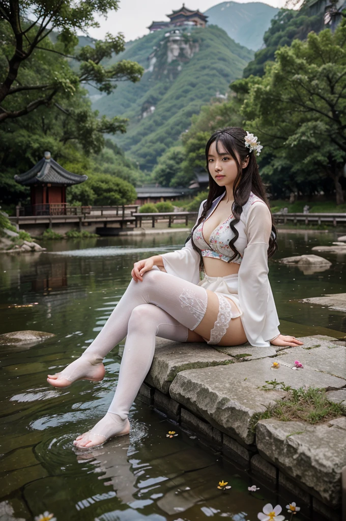 hanfu, 1girl, medium breasts, cleavage, mountain, soaking feet, sitting, Chinese park background,white thighhighs,Clear water,(feet:1.3), too many flowers,