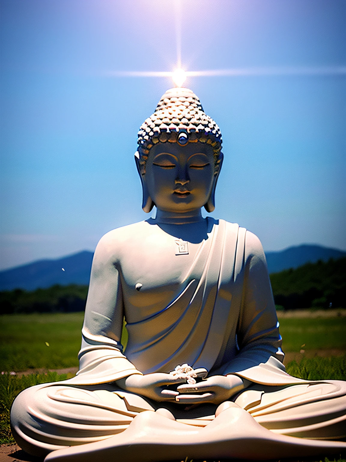 shot from far away,On a meadow,flowers blooming,The sky is blue,The background is blue sky,clouds,There is the sun in the sky,There is a huge white Buddha statue on the lotus seat,The Buddha statue clasped his hands together,rays of sunshine,フォトリアリスティック