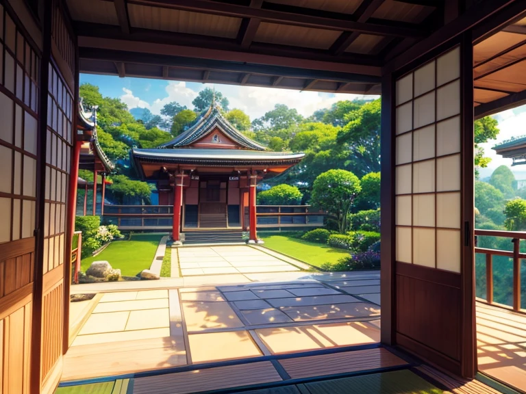 masterpiece, best quality, photorealistic, sky garden front door more in shade outdoor balcony, temple, dojo, japan, thai style, mild contrast, anime wide angle no distortion, greenery, prespective angle from 2.4 meters hight