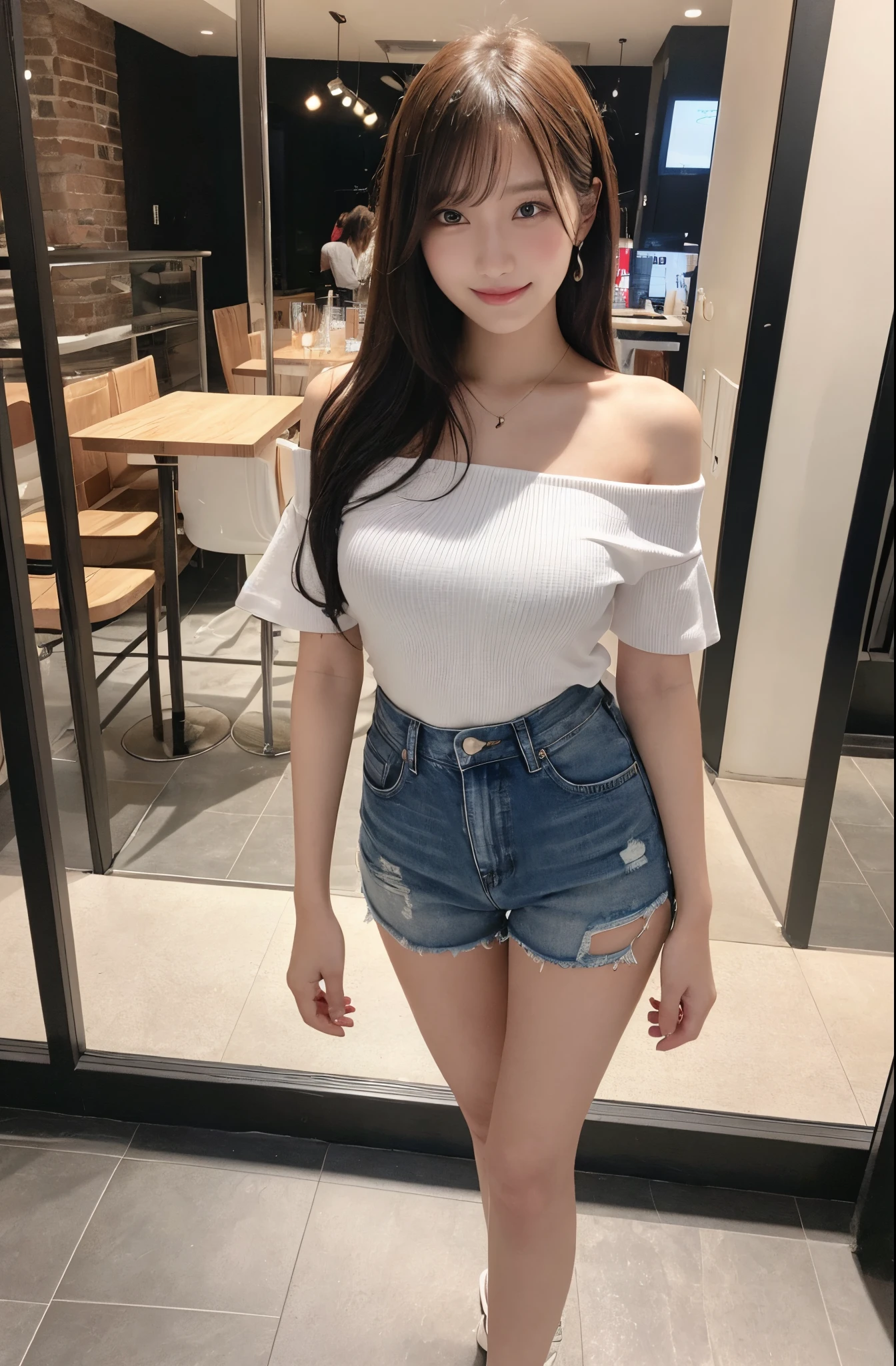 masutepiece, Best Quality, Illustration, Ultra-detailed, finely detail, hight resolution, 8K Wallpaper, Perfect dynamic composition, Beautiful detailed eyes, Off-shoulder t shirt and denim mini shorts,Bob Hair, mid-chest, Natural Color Lip, Random and sexy poses,Smile,20 years girl　Colossal tits、nightclub、