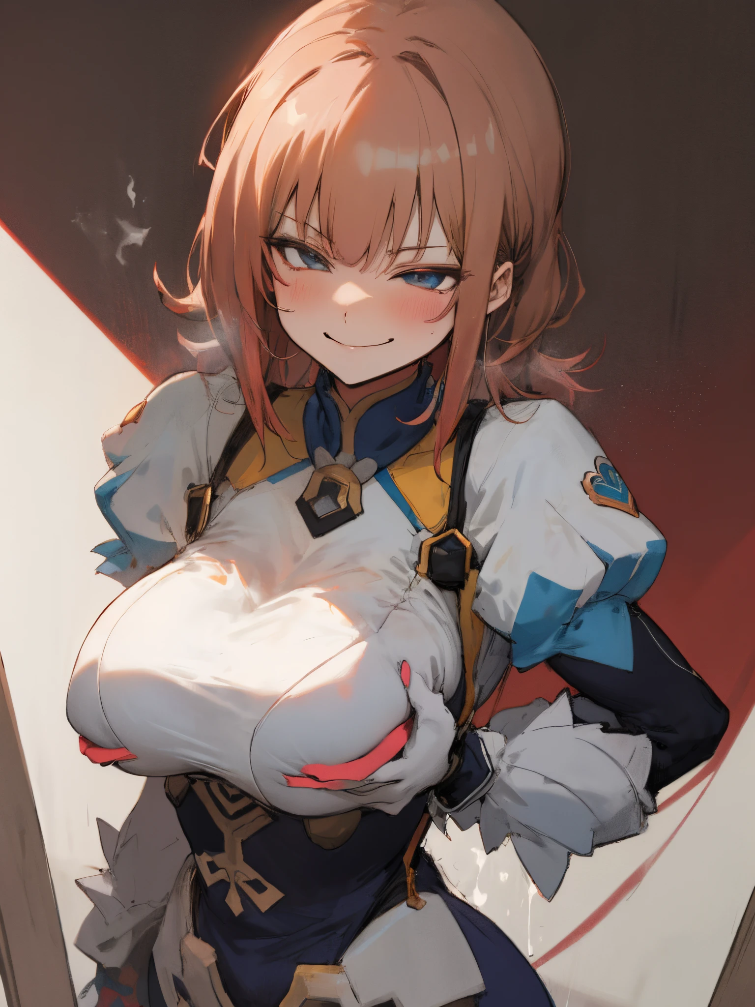 Take it, pervert smirk, ( Juice stains:1.2), , 1个Giant Breast Girl, brunette color hair, white colors
