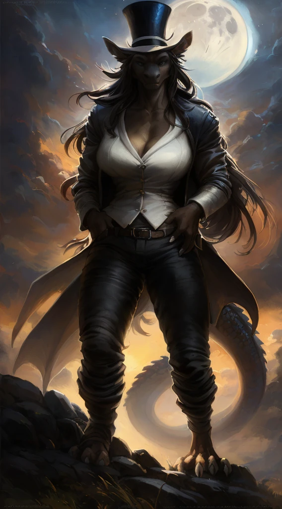 Dragon girl, big chest, day, sexy, sensual, detailed, uploaded to e621, beautiful and detailed portrait of an powerful anthropomorphic dragon ((female))) kenket, ross tran, ruan jia, uploaded to e621, zaush, foxovh, scalie, silver scalie, movie lighting, standing, moon lights, open legs, long hair, muscular, large breats, epic realism, Black skin, White suit, Large neckline, scales, Suit, top hat, pants, jacket,