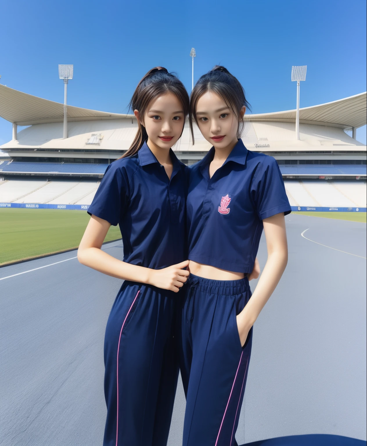 (bestquality,10,10,highres,masterpiece:1.2),ultra-detail,(Realistic,photorealistic portrait,photo-realistic:1.37),1 Cute girl in the football field,oily shiny skin,bara,light smile,BDclothelue shirt:1.3)),short sleeves,shirt, trousers.,(navy_long_Pants Track:1.1), ((Stadium Background:1.3)),dynamic angle,excited,face focus,Dynamic Poses,from behide,Ass Focus,masterpiece, bestquality, ultra realistic, hyper-detail, 8k resolution, RAW photo, crisp focus, ((Navy blue shirt:1.1)), short sleeves, Long Path, Perfect body, 2 mature women, 18yo, cinematic light,Blue sweatpants,Gymware,Correct anatomy,Complete body, Correct body, sharp face, Anatomically correct body, full entire body, Realistic gestures, long-haired, Realistic poses,Wear long shorts........................................,Long leg span,Shapely,Sculpting Girl, Slender Figure, mannequin mannequins, Shapely, Beautiful body,Blue sweatpants, Two girls kissing