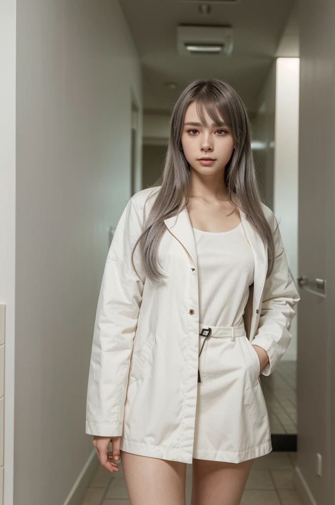 anime girl with long hair and white coat standing in a hallway, girls frontline style, from girls frontline, from arknights, portrait anime space cadet girl, cute anime girl, anime visual of a cute girl, silver hair girl, an anime girl, anime mecha aesthetic, anime aesthetic, beautiful anime portrait, portrait anime girl, pretty anime girl, beautiful anime girl