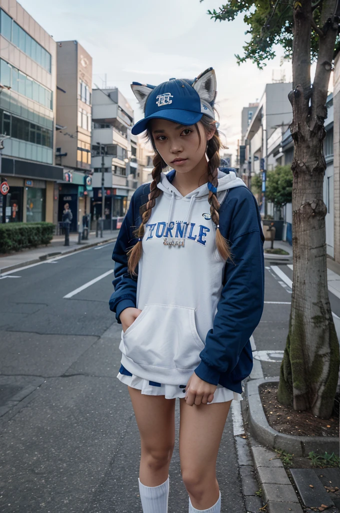 1girl, teenage, (animal ears), straight-on, full body, looking at viewer, hair between eyes, hair ornament, multicolored hair, twin braids, fox tail, (multiple tails:1.3), badge, bangs, (blue baseball cap:1.2), clothes writing, white clothes, hood, hood down, standing, long sleeves, closed mouth, (blue skirt:1.05), solo, (light blush:0.9), bare tree, building, city, cityscape, day, outdoors, street, tokyo (city), tree
