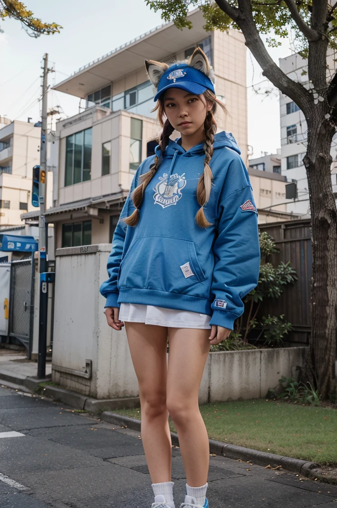 1girl, teenage, (animal ears), straight-on, full body, looking at viewer, hair between eyes, hair ornament, multicolored hair, twin braids, fox tail, (multiple tails:1.3), badge, bangs, (blue baseball cap:1.2), clothes writing, white clothes, hood, hood down, standing, long sleeves, closed mouth, (blue skirt:1.05), solo, (light blush:0.9), bare tree, building, city, cityscape, day, outdoors, street, tokyo (city), tree