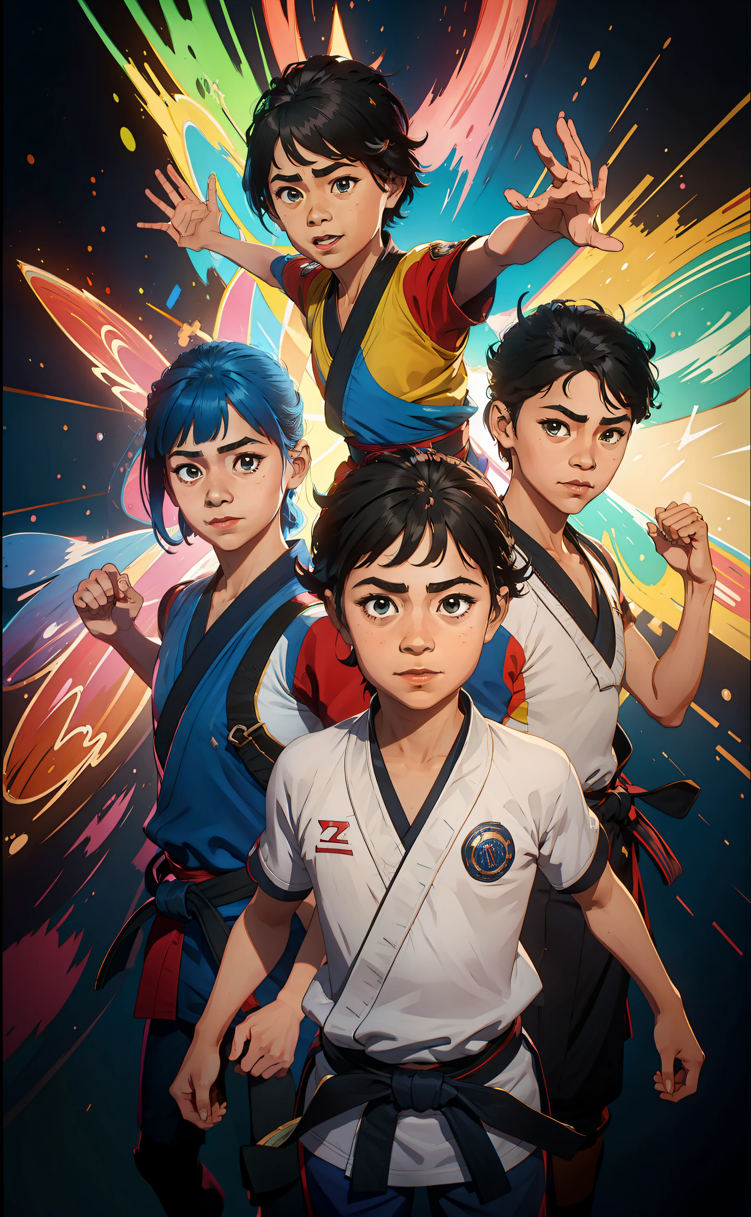 A 's karate team, todos vestidos de branco, is posing for a photo in front of a black belt. The staff is smiling and happy, e eles parecem estar se divertindo muito. The poster is colorful and vibrant, and has a sense of energy and excitement. The title of the film is "Children's Karate Team" and the subtitle is "They're here to fight".