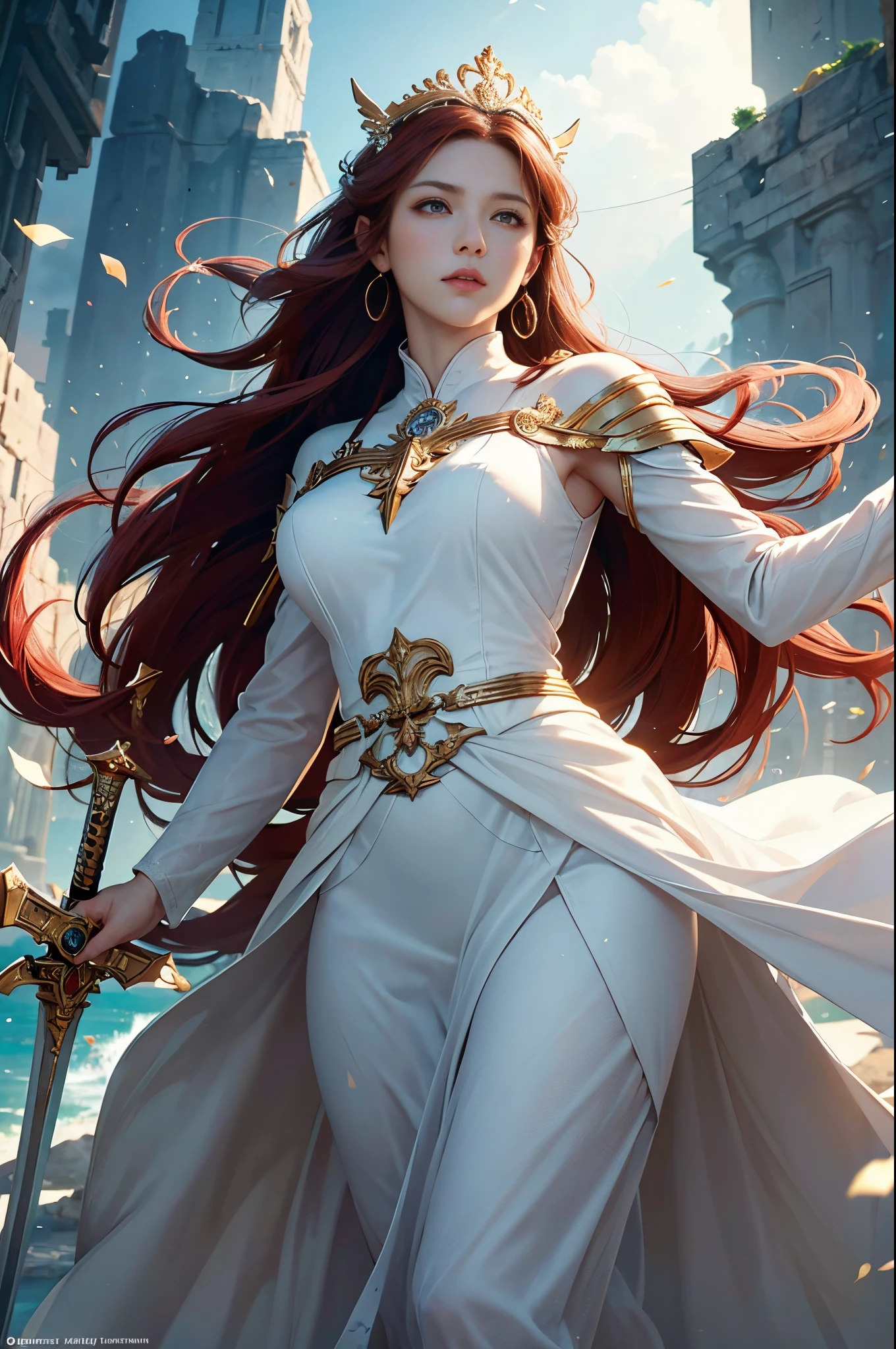 Close up portrait of woman in white dress holding sword, aly fell and artgerm, ruan jia and artgerm, red-haired goddess, cushart krenz key art feminine, artgerm and ruan jia, by Yang J, golden goddess athena, appears as the fire goddess, greek goddess athena, The Great Female General, Invincible Warrior, Awe-inspiring Hall々, Brave, sharp gaze, guardian of athena, top-quality, perfect-composition, Perfect Angle, Official art, Best Shots, extremely detailed and beautiful eyes, Perfect model body shape