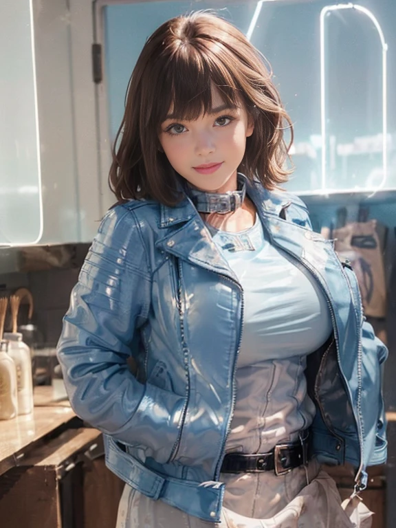 (huge breast:1.3),(a girl:1.5),(smile:1.2),
(light blue leather jacket:1.5),(white T-shirts:1.2),
(short wavy hair :1.2),
(Scandinavian general store with colorful products:1.2),(shiny light brown hair:1.5),
(bangs:1.4),