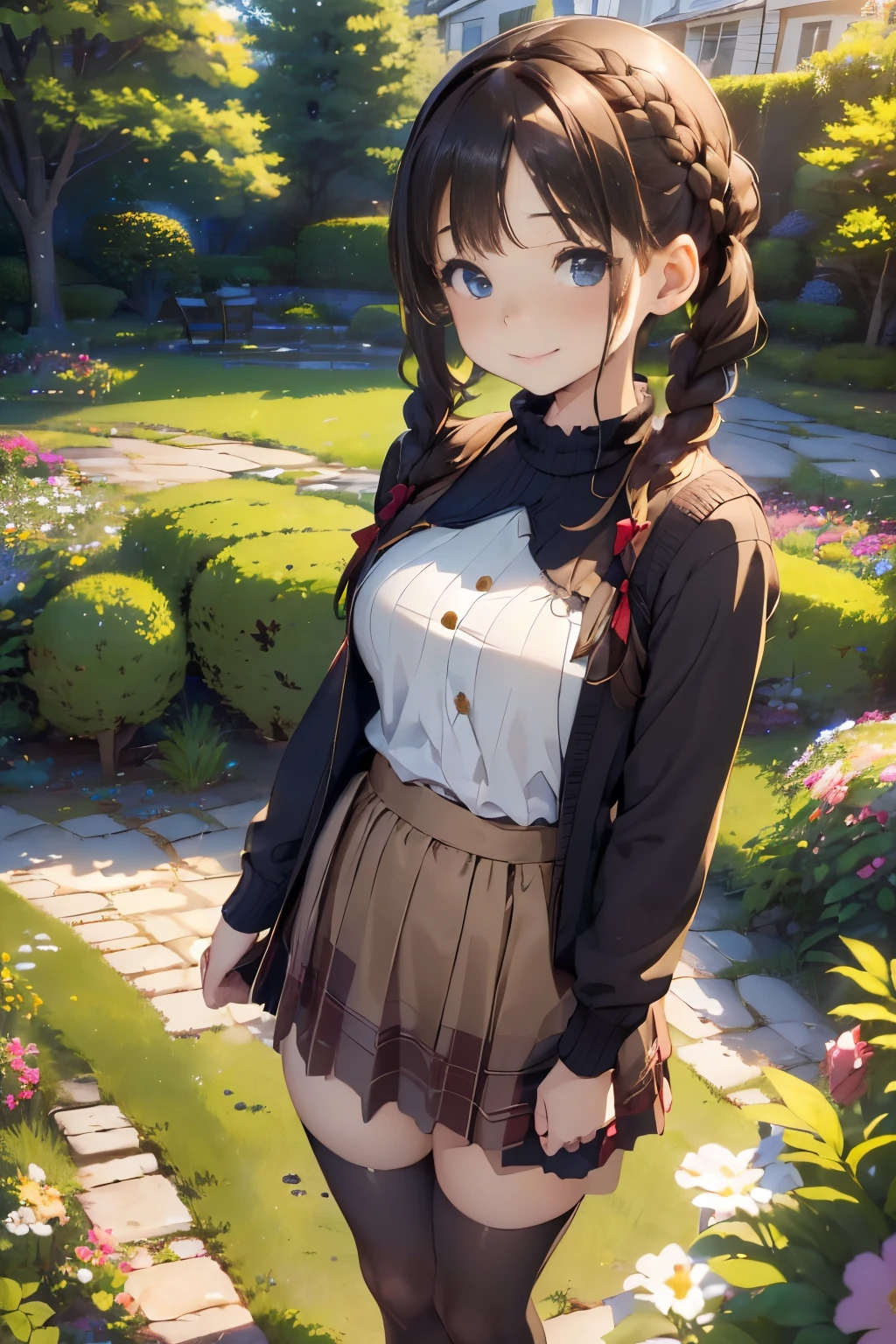 (High quality, High resolution, Ultra-detailed, Realistic:1.37), peaceful ambiance, (plein air, garden), Teenage girl standing alone, small tits, Beautiful detailed features, Cute smile, (Braided pigtails), Ribbed sweater, Red plaid skirt, Black tights, Brown boots.