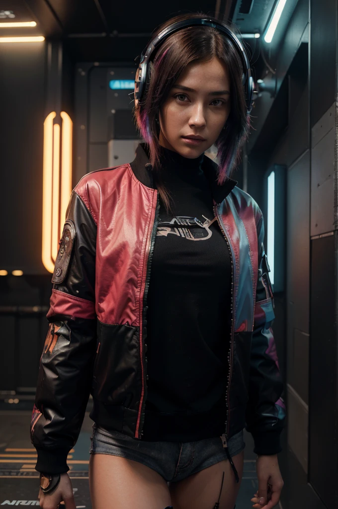 (masterpiece,best quality,ultra detailed,ultra high res,detailed background),((cyberpunk)),((flat color)),((colorful)),(1girl),pilot,pilot helmet,pilot jacket,looking at viewer,solo,upper body,colored background,high contrast,contrasting colors,cowboy shot,