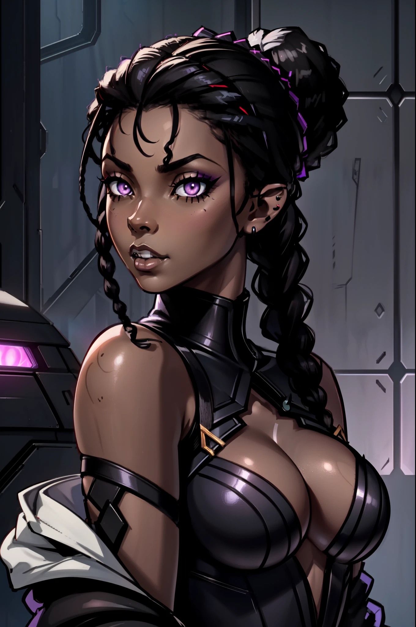 An (African-American) female, with long dark (black braids), purple eyes, dark (brown skin), (pointed ears), (slutty assassin), (sexy) black attire, (lust) demon, (Sci-fi) fantasy, (close-up shot), perfect composition, 4K, high quality, (perfect eyes), trending art, sharp focus, studio photo, (Pin-up) pose