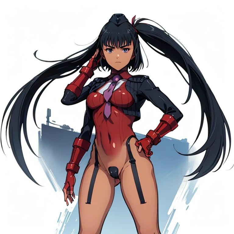 ultra-detailed, Explicit, Beautiful body, Beautiful Nose, Beautiful character design, perfect eyes, perfect face, ultra highres, 4K, beautiful legs, perfect legs, Nice hands, Perfect hand, Masterpiece, Best Quality, Highly detailed, illustration, absurdres, street fighter, doll suit, shadaloo doll, dollsuit, girls, multiple girls, expressionless, blank eyes, looking at viewer, red gloves, emotionless, black latex, corrution, mind control, female combatant, full body, hypnotized, unhappy trance, full body suit, ribbed bodysuit, both arms at side, stand up straight, obey, perfect female body, extremely glossy latex, hypnosis, hypnoLora, empty eyes, Mind control device, poses, brainwashed, submissive_pose, Slave, hat, necktie, stand up straight, standing, standing at attention, belt, extending the right arm from the shoulder into the air with a straightened hand, nazi saluting, military, military saluting, salute, right hand saluting, left hand at side, latex, ribbed bodysuit, wide hip, thicc, a curvy body, garter belt, black thighhighs, frilled sleeves, stakes of purgatory, Summertime Renderimg, kofune mio, black hair, short hair, blue eyes, dark skin