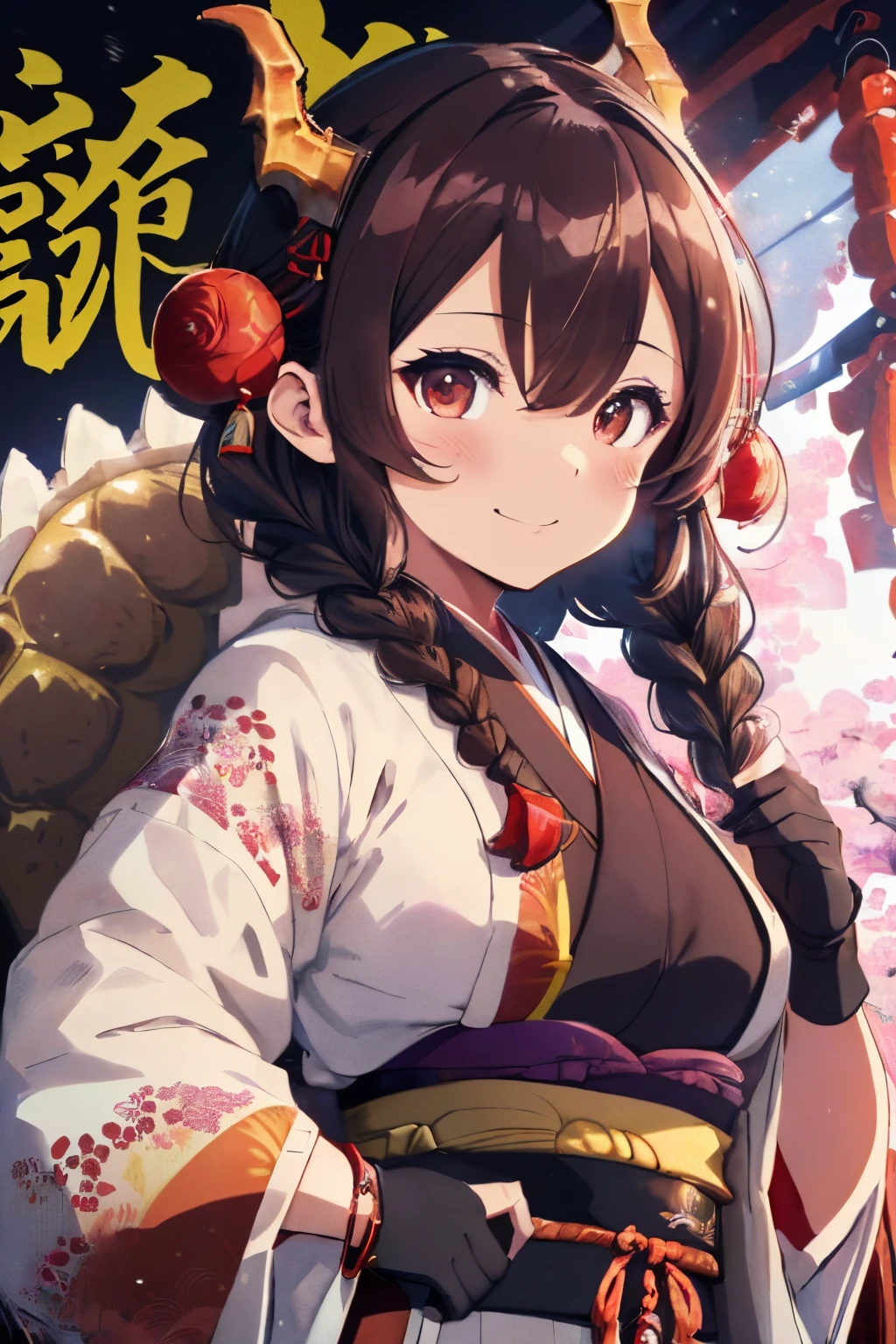 ((Brown hair)),((Braided shorthair)),((With black eyes)),Slight red tide,(Japanese clothes with open chest:1.5),(Komono:1.25),(fluffy cloak),(stylish five finger gloves:1.2),(Ruffled ornament:1.25),(Accessories and hair ornaments with flower motifs),(Usamimi:1.7),(Watch with a smile),(active movement:1.25),It's snowing a little,(The color of the clothes is pink, white, Light purple, and yellow..),Kamimei,(close up of face:1.25),(Illustration of an oversized dragon in the background:1.5),(New Year'Atmosphere of:1.25),