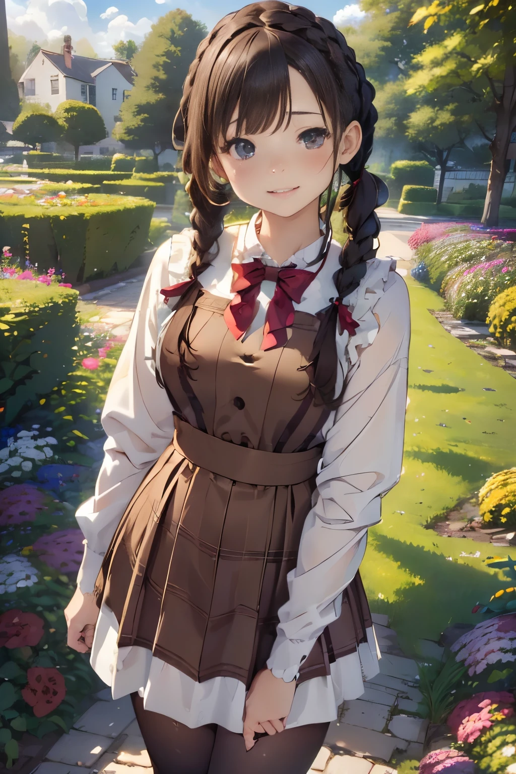 (High quality, High resolution, Ultra-detailed, Realistic:1.37), peaceful ambiance, (plein air, garden), Teenage girl standing alone, small tits, Beautiful detailed features, Cute smile, (Braided pigtails), Ribbed sweater, Red plaid skirt, Black tights, Brown boots.