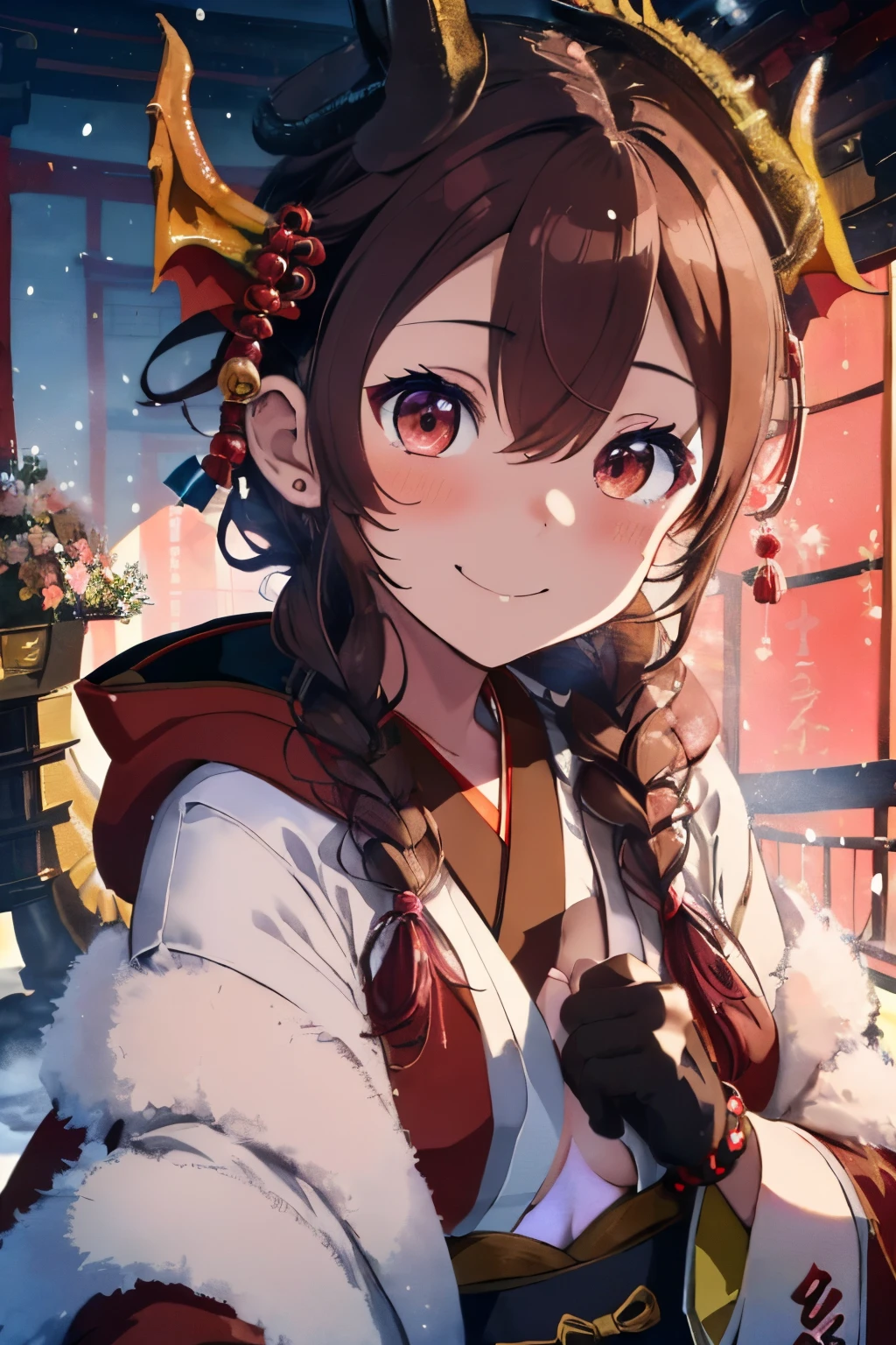 ((Brown hair)),((Braided shorthair)),((With black eyes)),Slight red tide,(Japanese clothes with open chest:1.5),(Komono:1.25),(fluffy cloak),(stylish five finger gloves:1.2),(Ruffled ornament:1.25),(Accessories and hair ornaments with flower motifs),(Usamimi:1.7),(Watch with a smile),(active movement:1.25),It's snowing a little,(The color of the clothes is pink, white, Light purple, and yellow..),Kamimei,(close up of face:1.25),(Illustration of an oversized dragon in the background:1.5),(New Year'Atmosphere of:1.25),