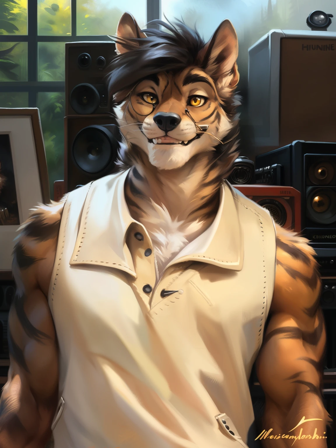 (author：Record accommodation、Kenket and Divitt dogs, Michael &amplifier; Inessa Garmash, Ruan Jia, Pinodney, Chunie), Alone, human character, male people, (aardwolf), (yellow eyes) , Chest hair tufts, ((Gilet blanc)), digital level, (end), Handsome, eye glass, Red top, Cinematic, Alone, (Muscle tissue), (cellshading), (A detailed eye):1.2，ssmile