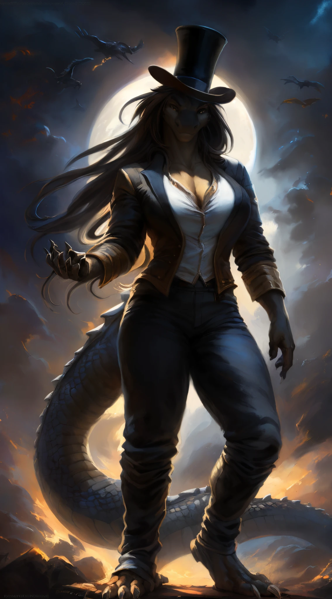 Dragon girl, big chest, day, sexy, sensual, detailed, uploaded to e621, beautiful and detailed portrait of an powerful anthropomorphic dragon ((female))) kenket, ross tran, ruan jia, uploaded to e621, zaush, foxovh, scalie, silver scalie, movie lighting, standing, moon lights, open legs, long hair, muscular, large breats, epic realism, Black skin, White suit, Large neckline, scales, Suit, top hat, pants, jacket,