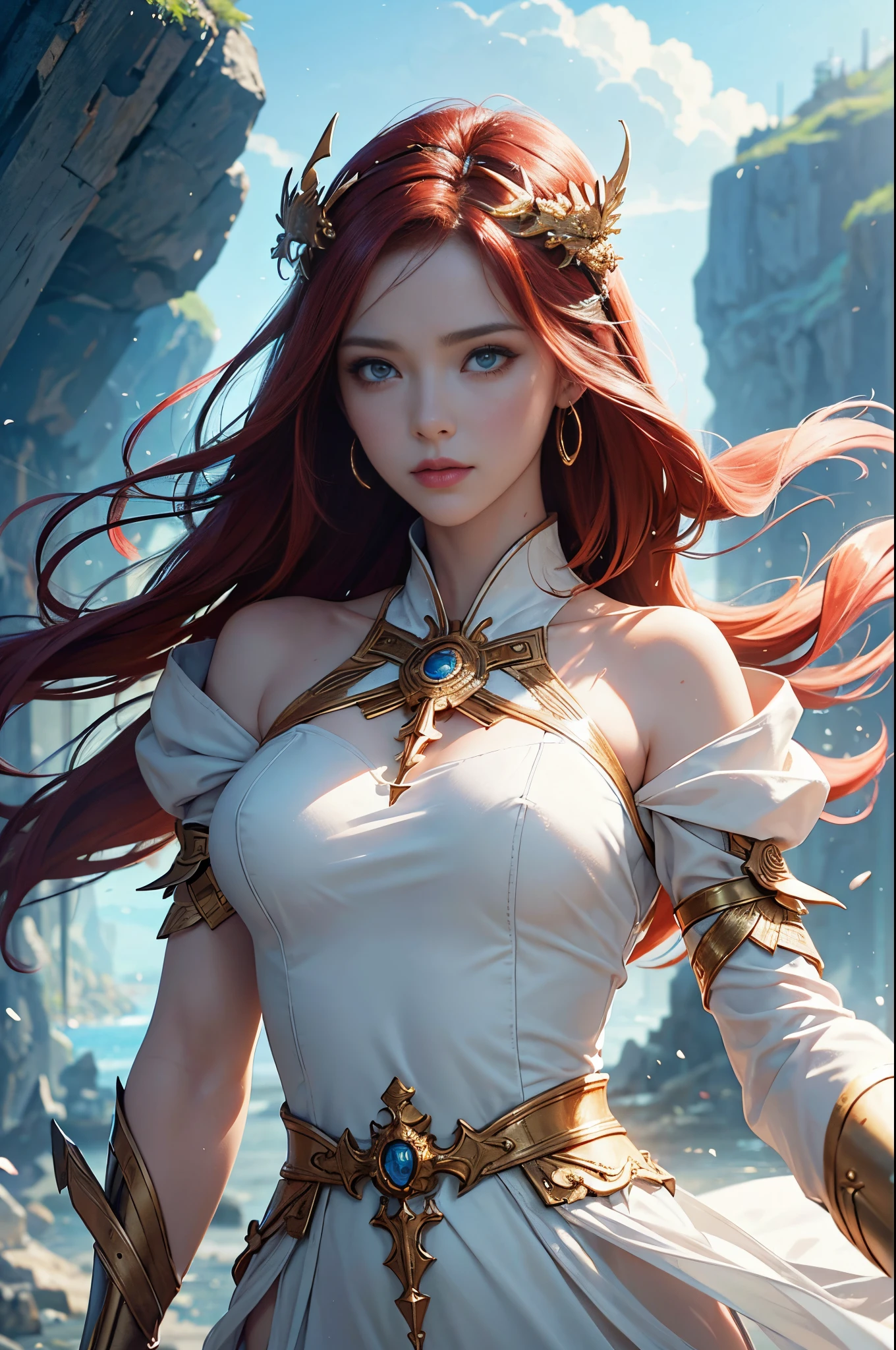 Close up portrait of woman in white dress holding sword, aly fell and artgerm, ruan jia and artgerm, red-haired goddess, cushart krenz key art feminine, artgerm and ruan jia, by Yang J, golden goddess athena, appears as the fire goddess, greek goddess athena, The Great Female General, Invincible Warrior, Awe-inspiring Hall々, Brave, sharp gaze, guardian of athena, top-quality, perfect-composition, Perfect Angle, Official art, Best Shots, extremely detailed and beautiful eyes, Perfect model body shape