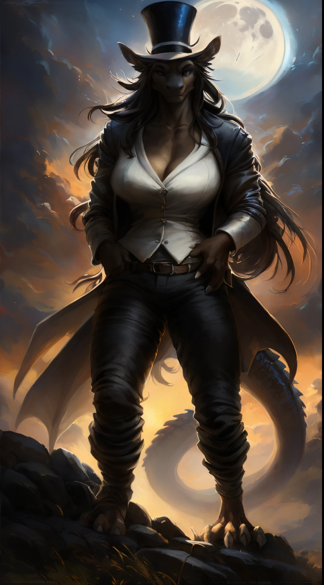 Dragon girl, big chest, day, sexy, sensual, detailed, uploaded to e621, beautiful and detailed portrait of an powerful anthropomorphic dragon ((female))) kenket, ross tran, ruan jia, uploaded to e621, zaush, foxovh, scalie, silver scalie, movie lighting, standing, moon lights, open legs, long hair, muscular, large breats, epic realism, Black skin, White suit, Large neckline, scales, Suit, top hat, pants, jacket,