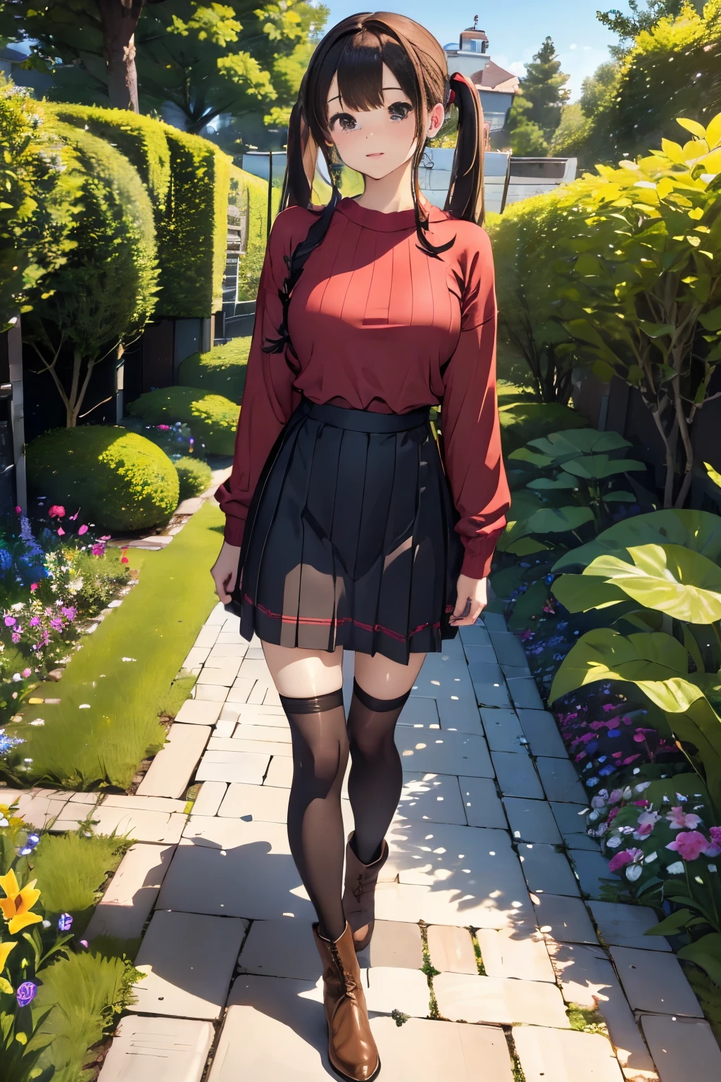 (High quality, High resolution, Ultra-detailed, Realistic:1.37), peaceful ambiance, (plein air, garden),  girl standing alone, small tits,full body photographed、Walking:1.5、 Pigtails with beautiful and detailed features), Ribbed sweater, Red plaid skirt, Black tights, Brown boots.