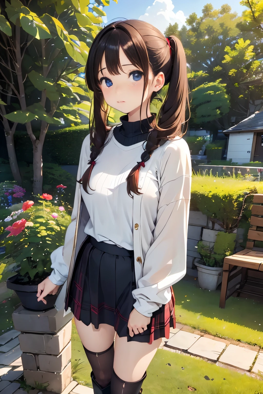 (High quality, High resolution, Ultra-detailed, Realistic:1.37), peaceful ambiance, (plein air, garden), Teenage girl standing alone, small tits,full body photographed、Walking:1.5、 Pigtails with beautiful and detailed features), Ribbed sweater, Red plaid skirt, Black tights, Brown boots.